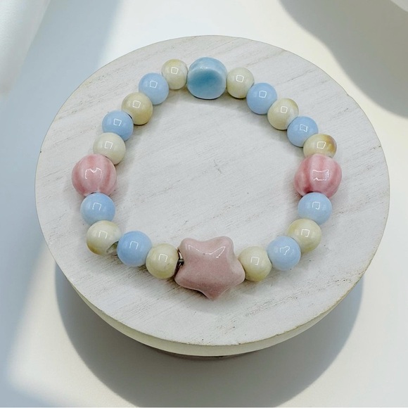 Ceramic Pastel beaded Stretch Bracelet w/ Pink Ceramic Star Bead - Picture 1 of 7